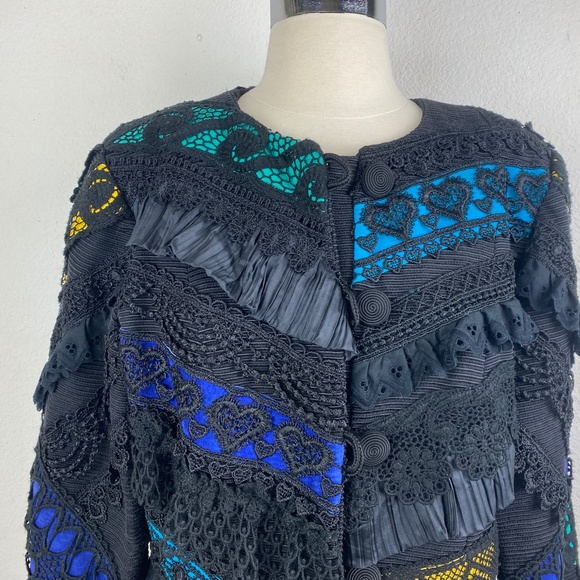 UDO Womens Black Crop Jacket Size 8 Bold Artsy Avant-Garde Ruffles Embroidery - Picture 2 of 13